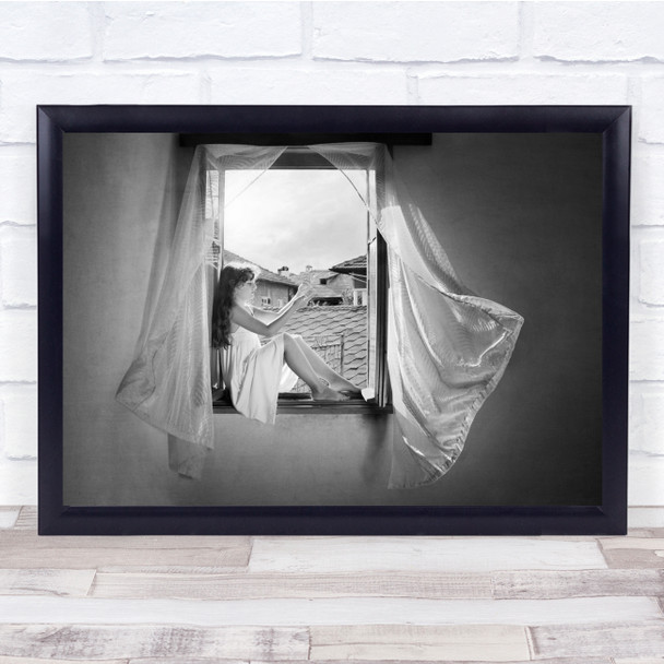 Rays Woman in dress by window Curtain blowing Wall Art Print