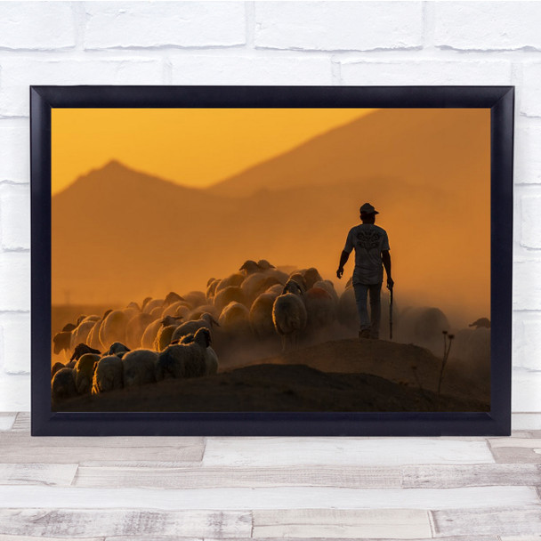 Shepherd Sheep Cattle Livestock Yellow Animal Wall Art Print