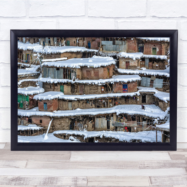 Snow Village Landscape Snowing crowded winter Wall Art Print