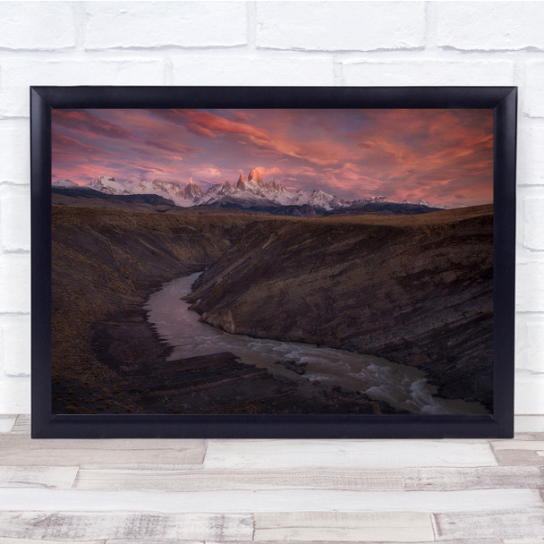 Stream River Landscape Mountain Red Sky Snowy Wall Art Print