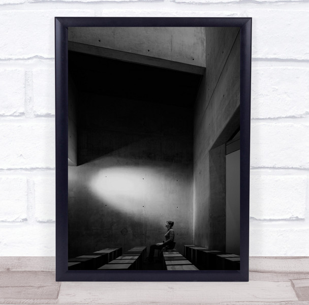 Woman black squares sitting light ray staring Wall Art Print