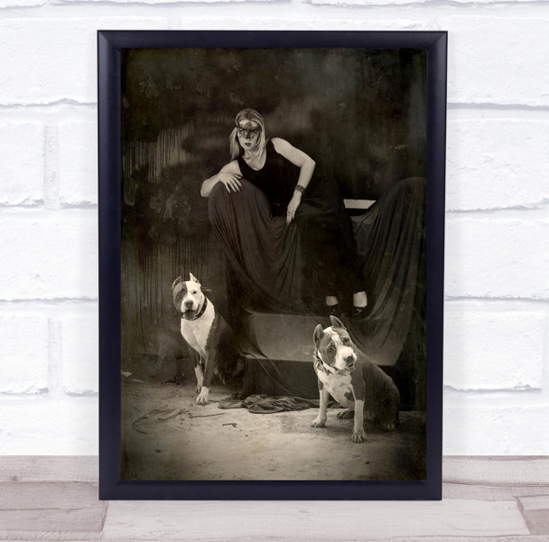 Best Friends woman mask dogs black and white Wall Art Print