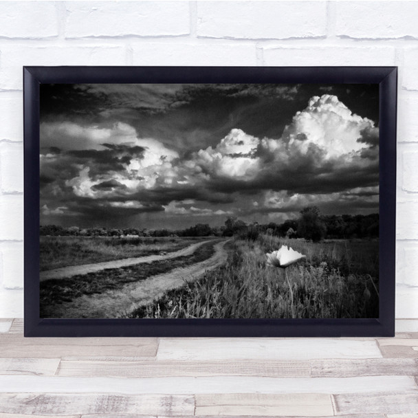 Landscape road black and white fields clouds Wall Art Print