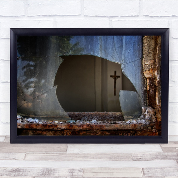 Lost Faith Smashed window glass Church Cross Wall Art Print