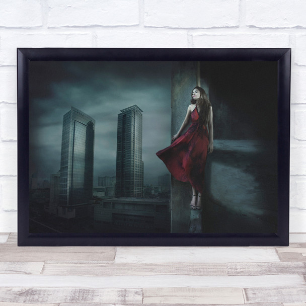 My Love Ends Woman red dress eerie buildings Wall Art Print