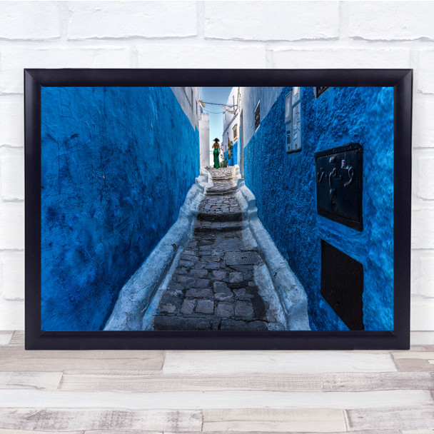 Blue Town Alley Urban Woman Hat Perspective Wall Art Print