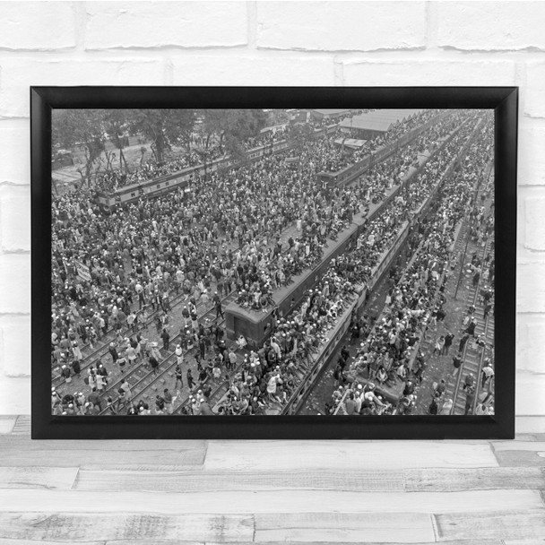 Festival Crowd Trains Weekend Black & White Wall Art Print