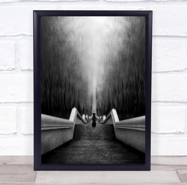 Waiting dog on stairs black and white eerie Wall Art Print