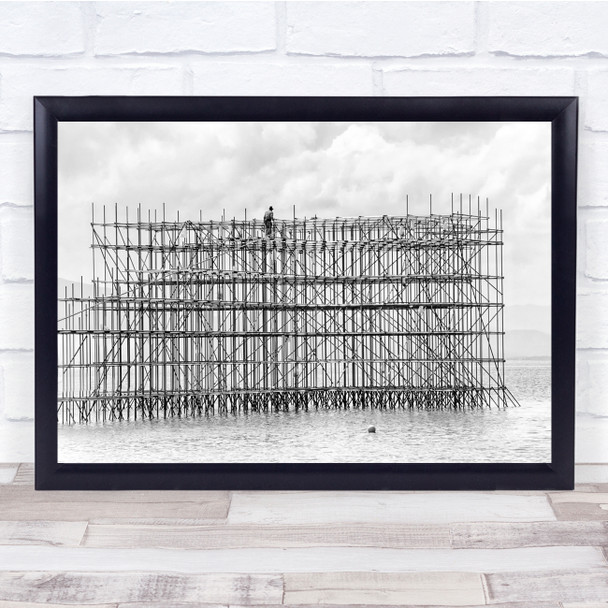 Worker scaffolding black and white on ocean Wall Art Print