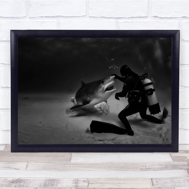 Dance With Sharks Diver Danger Black White Wall Art Print