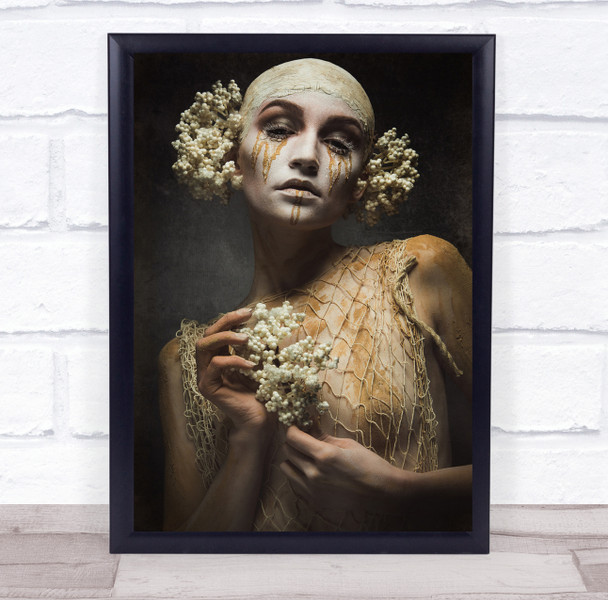 Golden Tears woman netted clothing flowers Wall Art Print