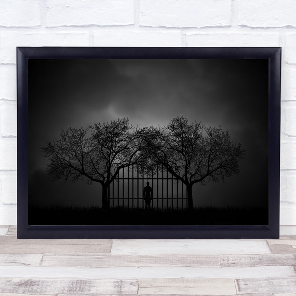 Limitation tree gate eerie black and white Wall Art Print