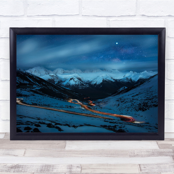 Night Landscape Snowy Peaks Nightsky Stars Wall Art Print