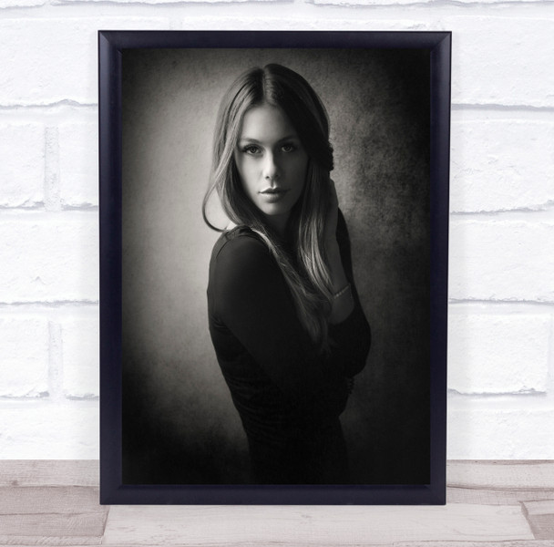 Petite woman black clothing long hair pose Wall Art Print