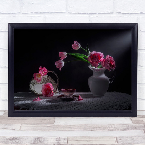 Pink Rose Flower Basket Still Life Flowers Wall Art Print