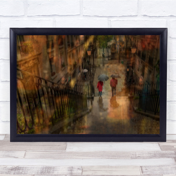 Street Rain Stairs City Fuzziness In Paris Wall Art Print