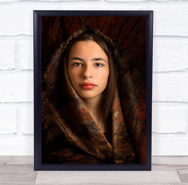 Woman in paisley head cover red lips stare Wall Art Print