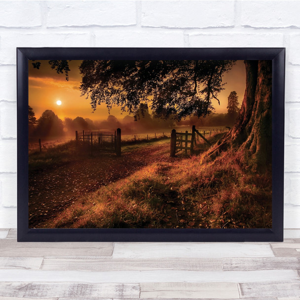 Autumn Sunrise Meadow Gate Mist Landscape Wall Art Print