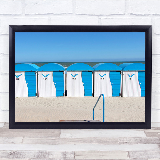 Cabins Blue and White Sea Beach Sandy Sky Wall Art Print