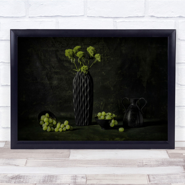 Green Grapes Flowers Vase Bowl Still Life Wall Art Print