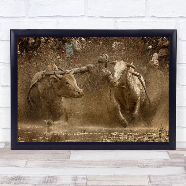 Action Traditional Bull-Race Muddy Water Wall Art Print