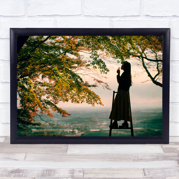 Autumn Leaves woman on step ladder tree Wall Art Print