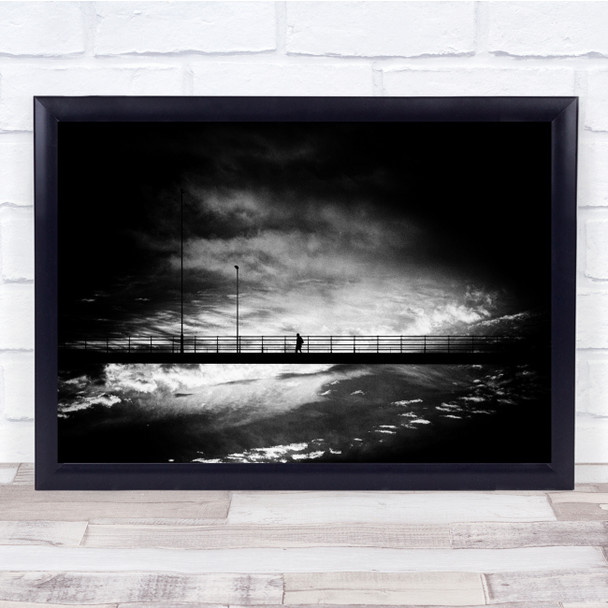 Bridge Lamp post Black and white Person Wall Art Print