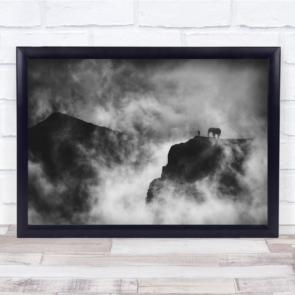 Mountains Elephant Fog Mist Black White Wall Art Print