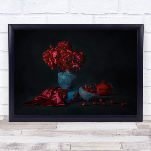 Red Peony Flower Cherry Still Life Vase Wall Art Print