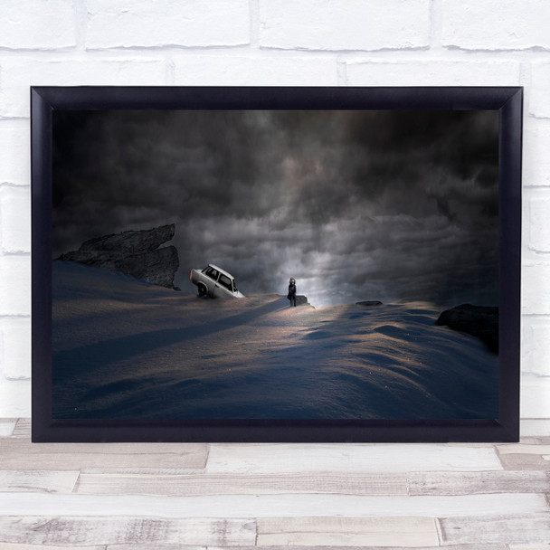 snowy mountain car crash person sitting Wall Art Print