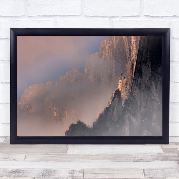 Tall mountains in clouds red sky people Wall Art Print