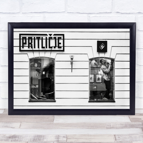 Working man shop window black and white Wall Art Print