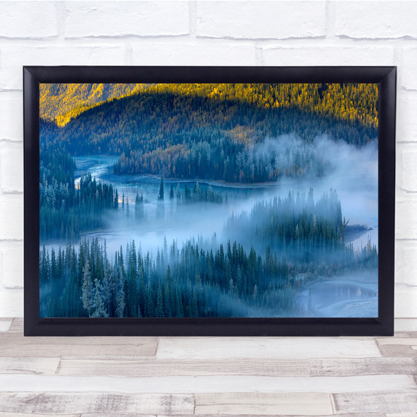 Morning Fog Sunrise Over shadowed lake Wall Art Print