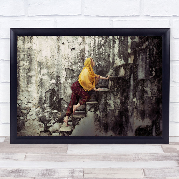 Steps Crawling woman yellow head scarf Wall Art Print