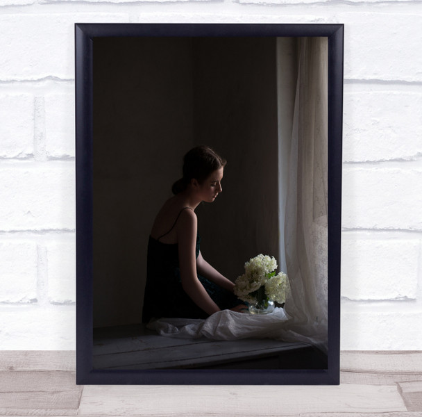 Woman holding white flowers by curtain Wall Art Print