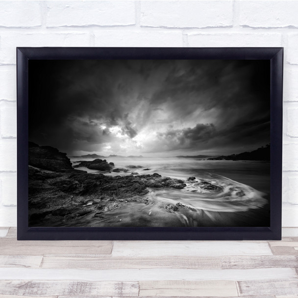 black and white sea views water rocks Wall Art Print