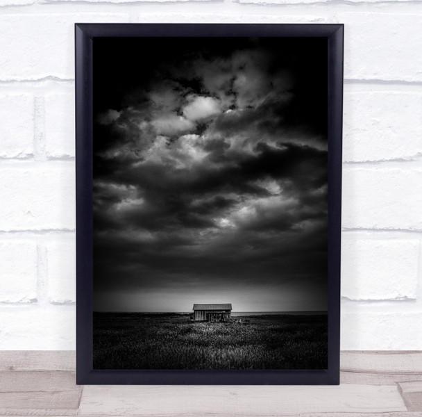 Ansky Light Grass little hut in middle of field cloudy sky black and white Print