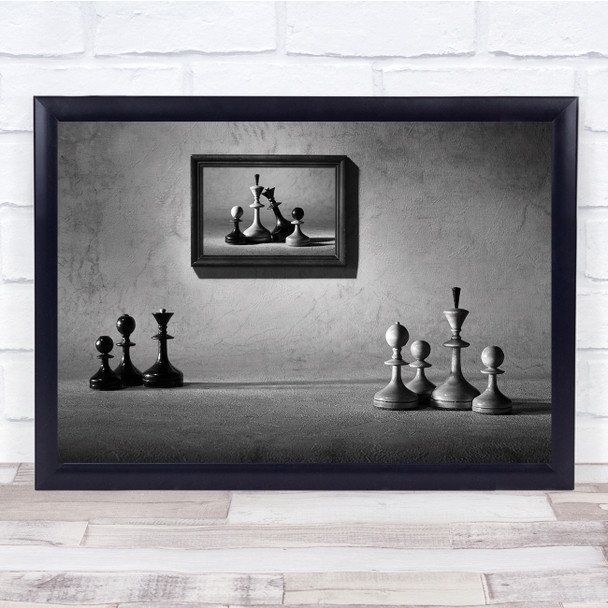 Chess Family War Fight Opposition Pieces Photograph Black & White Wall Art Print