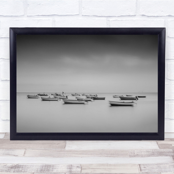 Landscape Boat Lake Horizon Black & White Maritime Waer Landscape Wall Art Print