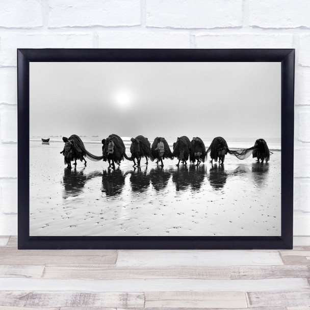 India People Water Net Fishing Black White Beach Coast Coastal Line Queue Print