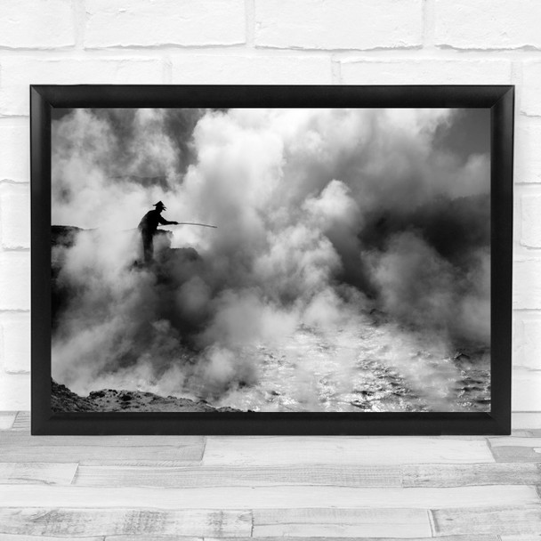 Volcano Fisherman Smoke Indonesia Java Steam Vapor Black White Asia Asian Print