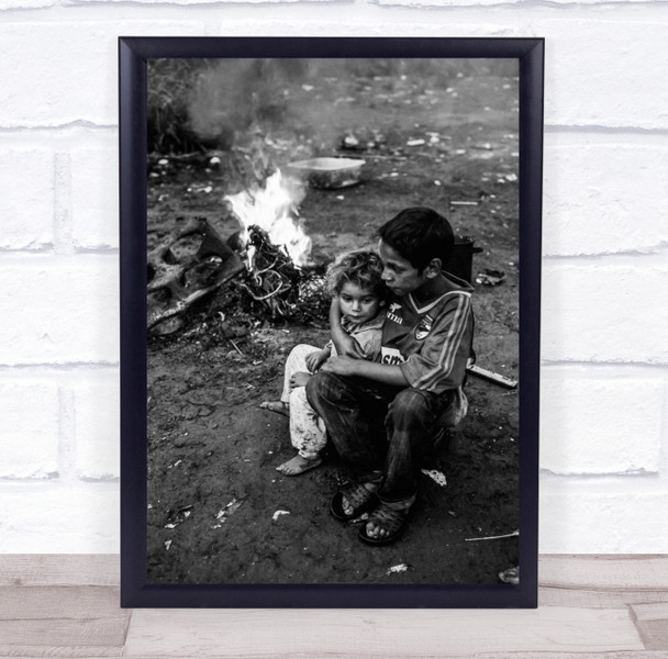 Documentary Poor Slums Black & White Children War Destroyed Fire Brothers Print