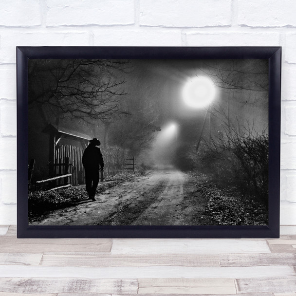 Night Man Shadow Walk Walking Destination Black & White Hat Cowboy Lonely Print