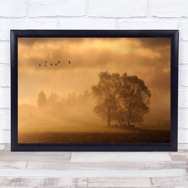 Birds Autumn Fall Mist Fog Haze Trees Field Fields Atmosphere Wall Art Print