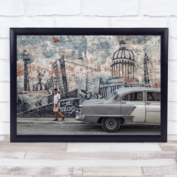 Havana Cuba Street Boy Classic Car Graffiti Vintage Retro Old Wall Art Print