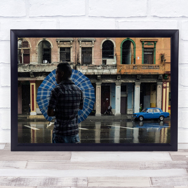 Havana Cuba Street Rain Umbrella Blue Man Balcony Pillars car Wall Art Print