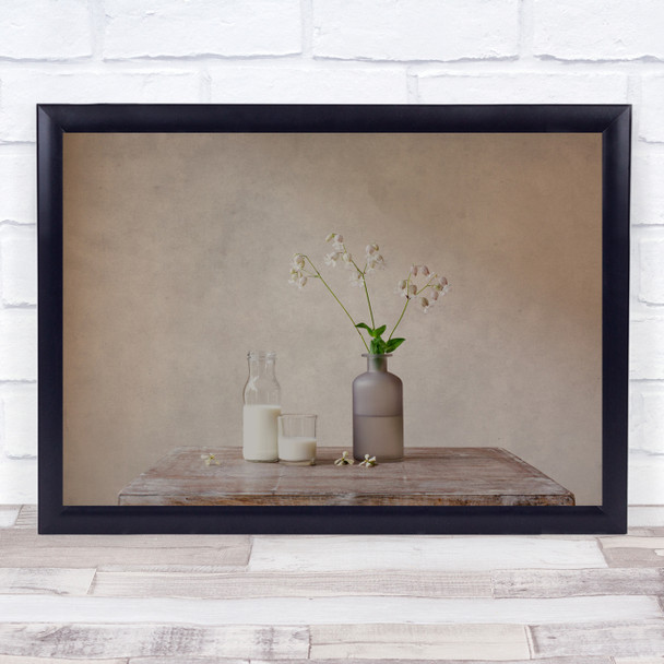 Milk Flowers Floral Drink Bottle Glass Texture Delicate Still Wall Art Print