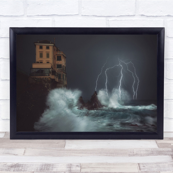 Sea Storm Seascape Backwash Thunder Bolt Hotel Building Waves Wall Art Print