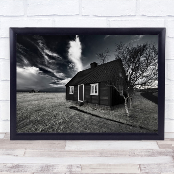 Iceland House Old Tree Landscape Cabin Cottage Black & White Wall Art Print