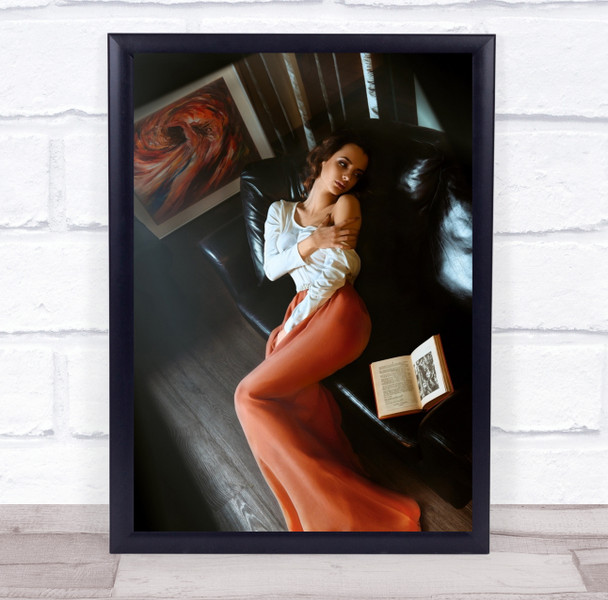 Portrait Room Sofa Couch Book Read Reading Think woman dress Wall Art Print